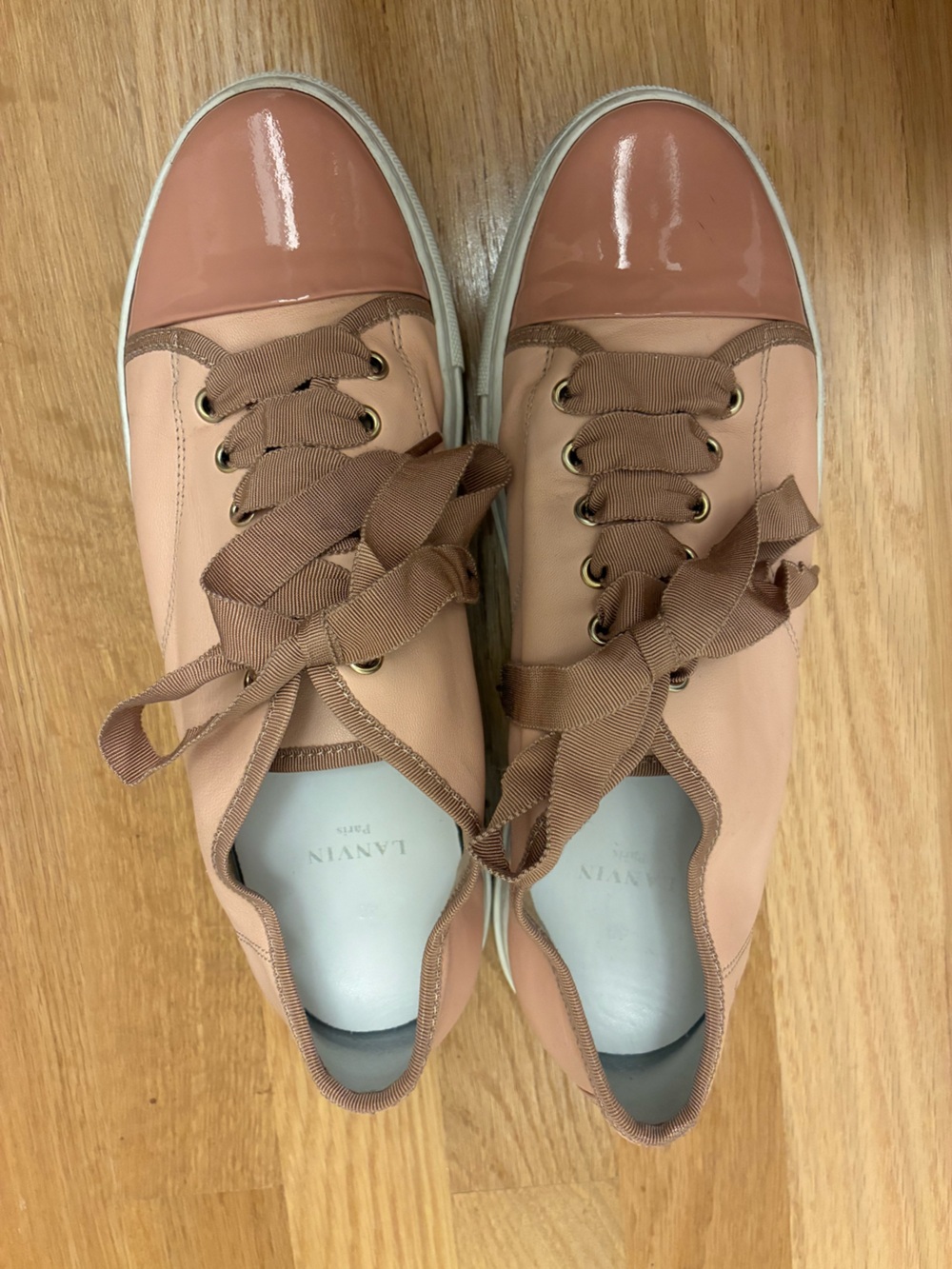 Lanvin Blush Pink Ribbon Lace Leather Patent Cap Toe Low Top Sneakers